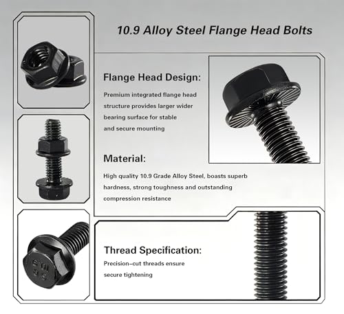 M8-1.25x30mm Flange Bolt and Nut Kit 10set- Grade 10.9 Alloy Steel, Black Zinc, Full Thread, Serrated Self-Locking, Vibration Resistant for Automotive, Machinery & Heavy Duty - size: M8x30mm(10 Sets）