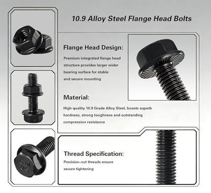M8-1.25x30mm Flange Bolt and Nut Kit 10set- Grade 10.9 Alloy Steel, Black Zinc, Full Thread, Serrated Self-Locking, Vibration Resistant for Automotive, Machinery & Heavy Duty - size: M8x30mm(10 Sets）