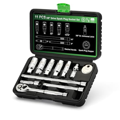 TecoTek 11-Piece Spark Plug Socket Set with 3/8" Drive Ratchet Handle, Spark Plug Gapper, Universal Joint and Extension Bar, 5/8", 3/4", 13/16", 14mm, 18mm, CR-V Sockets with Rubber Retaining Rings - size: 11PCS Spark Plug Socket Set with Ratchet Handle