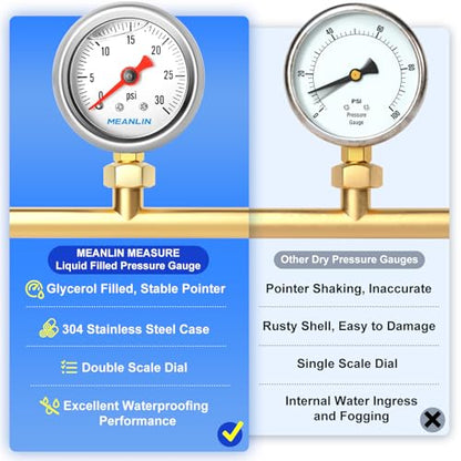 MEANLIN MEASURE 0~30Psi Stainless Steel 1/8" NPT 1.5" FACE DIAL, Glycerin Filled Pressure Gauge, Liquid Filled, Water Oil Air, Lower Mount, with 1/4" NPT and 3/8" NPT Hex Bushing - size: 0-30Psi