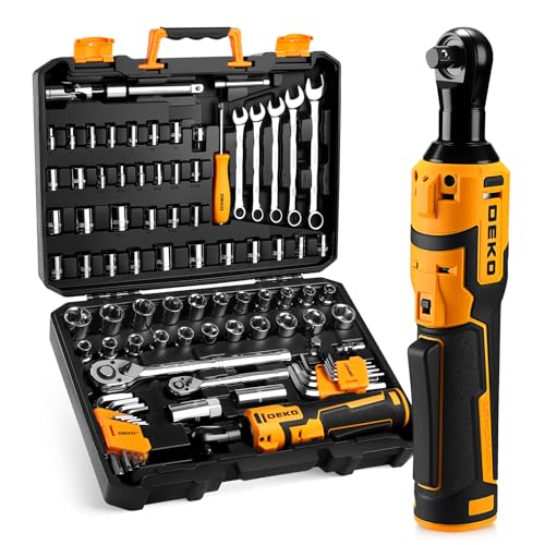 DEKOPRO Cordless Ratchet Wrenches Set：1/4", 3/8", 1/2" Impact Sockets Set, 74Pcs 3/8'' Electric Ratchet Wrench Tool Kit with Adjustable Speed, LED Light for Battery