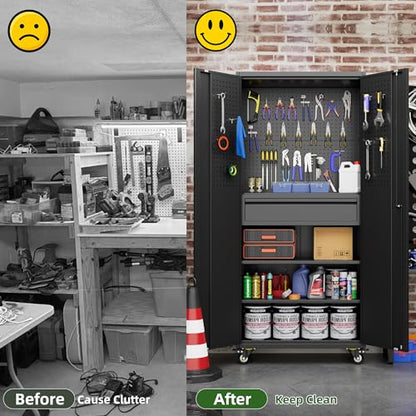 Aobabo Metal Garage Storage Cabinet, 71"x30" Lockable Rolling Tool Cabinet - color: Black, size: 15"D x 30"W x 71"H