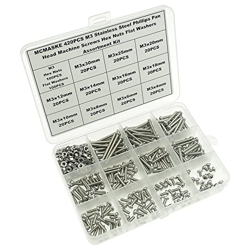 420PCS 304 SS M3 Phillips Pan Head Machine Screws Nuts Washers Kit - size: M3