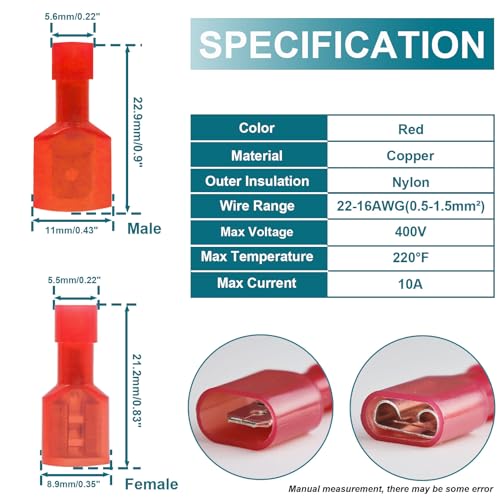 120PCS Spade Connectors, 22-16AWG Spade Terminal, Female and Male - size: 22-16AWG (120PCS)