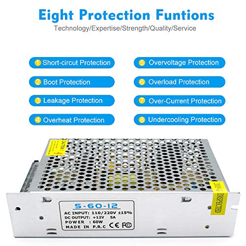 inShareplus 12V 60W LED Power Supply, DC Switching Power Supply, 100-240V AC to DC 12 Volt LED Driver, Converter, 5A 60W Transformer for LED Strip Light, Computer Project - style: 12V 60W
