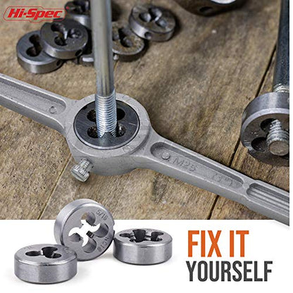 Hi-Spec 39 Piece SAE & Metric Tap & Die Set. Complete M3 to M12 / #4 to 1/2in Fine & Coarse Tools to Cut, Chase and Thread with Screw Pitch Gauge in a Tray Case - size: 39 Piece SAE & Metric