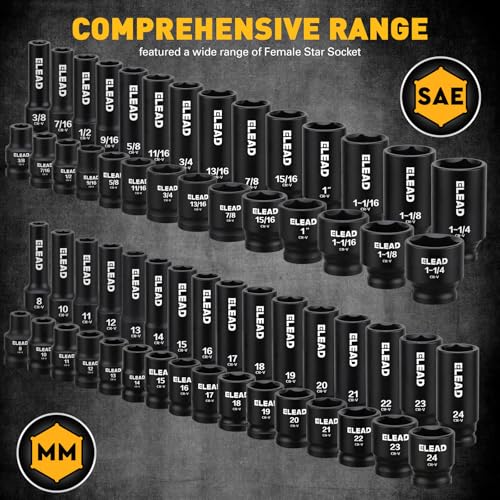 ELEAD 67 Piece 1/2" Drive Deep Impact Socket Set: Standard SAE (3/8"-1-1/4") & Metric (8-24 mm), Including 3 ", 5", 10" Extension Bar, Universal Joint, Ratchet Handle and Adapter - color: 67pcs 1/2'' Drive Impact Socket Set Black