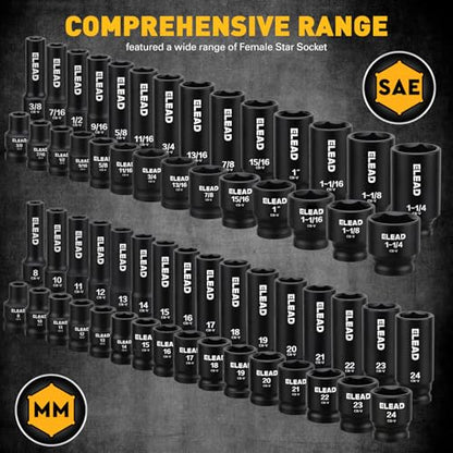ELEAD 67 Piece 1/2" Drive Deep Impact Socket Set: Standard SAE (3/8"-1-1/4") & Metric (8-24 mm), Including 3 ", 5", 10" Extension Bar, Universal Joint, Ratchet Handle and Adapter - color: 67pcs 1/2'' Drive Impact Socket Set Black