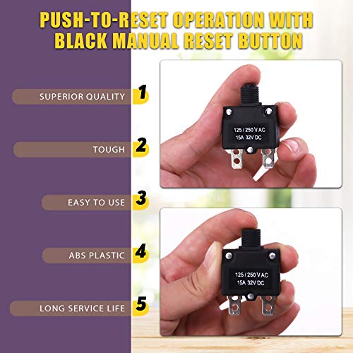 Swpeet 30Pcs 15Amp Thermal Circuit Breaker with Quick Connect Terminals and Waterproof Button Caps Assortment Kit,Waterproof Push Button Circuit Breaker 32V DC 125/250VAC 50/60Hz for Switch Operation - style: 15Amp