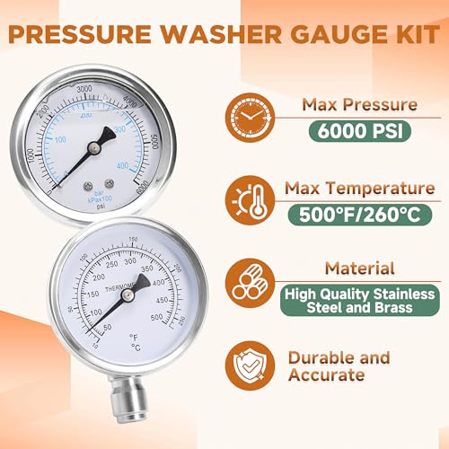 RIDGE WASHER 2-in-1 Pressure Washer Gauge Emperature Gauges, 6000 PSI - size: Temp. & Pres. Gauge