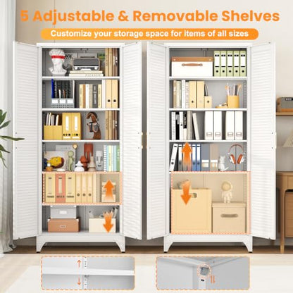 75" Metal Pantry Cabinet,Kitchen Storage Cabinet with Shelves - color: White, size: 75"H-Louvered
