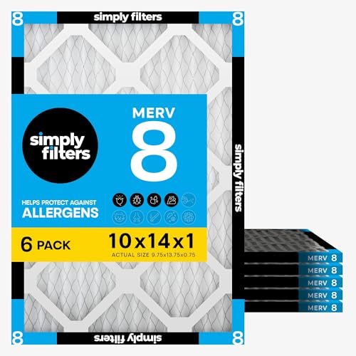Simply 10x14x1 Air Filter, Merv 8, 6 Pack, For Home AC Furnace & HVAC (Actual Size: 9.75"x13.75"x0.75") DUST, Pet, & Allergy Control - size: 10x14x1
