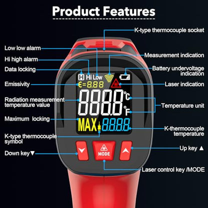 Infrared Thermometer Gun, 1472°F Digital Laser Temperature Gun with Probe