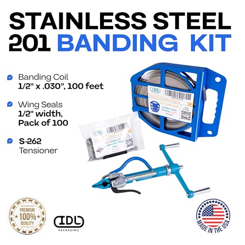IDL Packaging 1/2" Stainless Steel 201 Banding Kit – Heavy-Duty Banding Tool + 1/2" x 0.03" x 100' Stainless Steel 201 Banding Coil + 100 Stainless Steel Wing Seals - size: 1/2" x 0.03" x 100', style: SS 201 + Seals