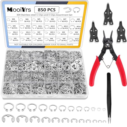 850Pcs C clip External Retaining Rings Snap Rings Assortment(M3-M14) and E clip Assortment Set(M1.2-M10),5Pcs Snap Ring Plier,Tweezer,24 Sizes 304 Stainless Steel Circlip Retaining Clip - size: Stainless Steel 850PCS