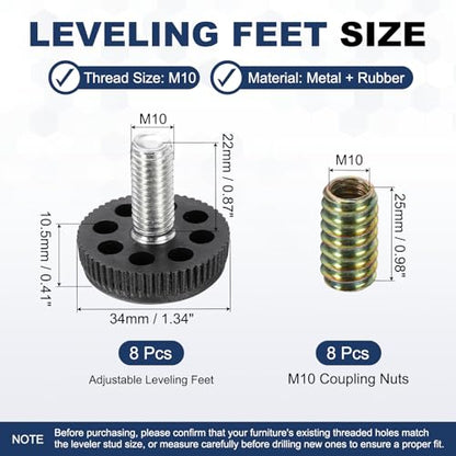 uxcell 8Pcs M10 Thread Adjustable Furniture Levelers, 1.34 x 1.34 - size: M10 x 1.34" x 1.34"