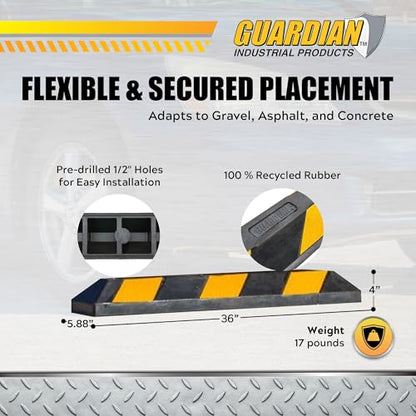 Guardian Parking Stop, 3 Foot Long Flexible Rubber Curb, Highly Visible Accessory with Mounting Holes for Job Sites and Garages, Black/Yellow - size: 3 Foot