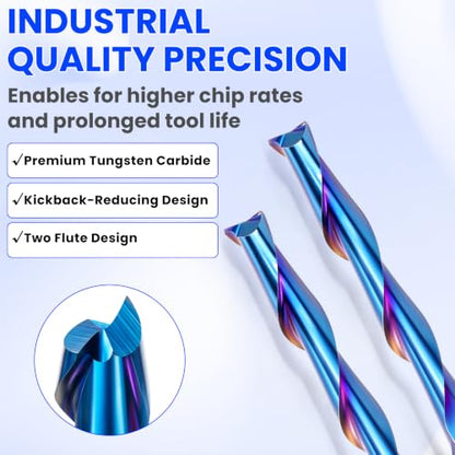 HQMaster 1/8" Shank CNC Router Bits 2 Flute Upcut CNC Bit End Mill 10pcs - size: 0.08"CED x 1/8"SD x 11/16"CEL x 1-1/2"OA