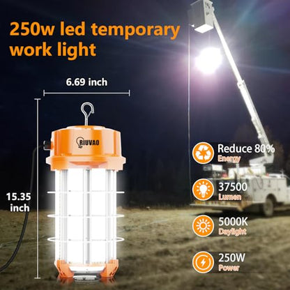 250W LED Temporary Work Light 37500Lm 5000K Construction Lights Led Work Light IP65 Dust Waterproof Portable Lights with Stainless Steel Guard Hook for Mine Wharf Job Site Garage Factory Lighting - size: 250 W