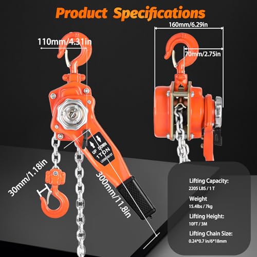 Lever Chain Hoist 1 Ton 2205LBS Capacity,10FT Lift Come Along,Manual Ratchet Chain Puller Hoist with 2 Hooks for Building Garages Warehouse Automotive Machinery