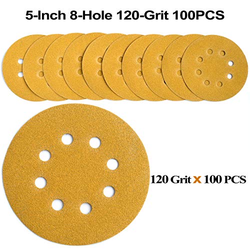 5-Inch 8-Hole Hook and Loop Sanding Discs 120-Grit, 100-Pack