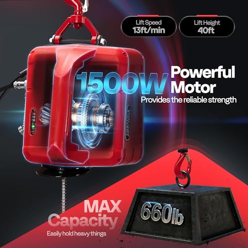 VIVOHOME 3-in-1 Electric Hoist Winch 660lbs, 40ft Lifting Height for Towing - color: Red