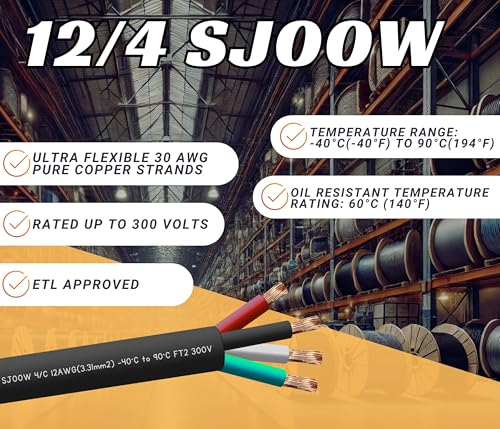 100 Feet 12/4 SJOOW Cable Cord 12 AWG 4 Conductor SO Wire - 12 Gauge 4 Conductor (12/4 Wire) 300V Portable Power Extension Cable for Motor Leads, Portable Lights, Battery Chargers