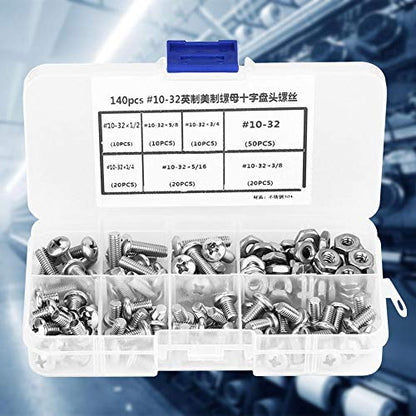 140pcs #10-32 304 Screws and Nuts, Stainless Steel Pan Head Screws Kit Assortment Set Repair Tool Accessory