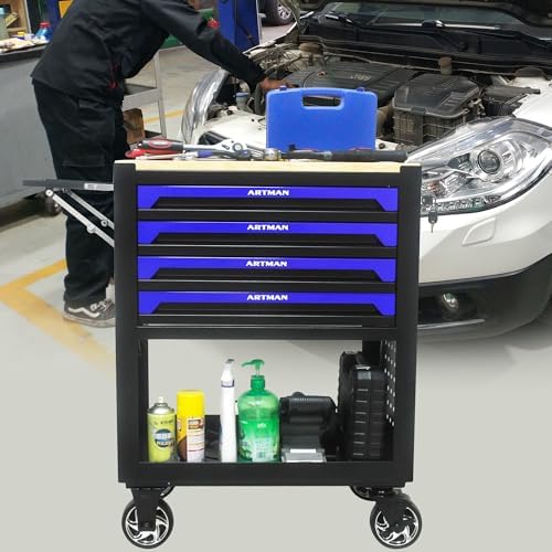 4 Drawers Rolling Tool Cart on Wheels, Wood Countertop Heavy Duty Tool Chest with Adjustable Shelf, Locking System, Rolling Tool Cabinet Trolley for Garage,Warehouses,Repair Shops (Blue) - color: Blue
