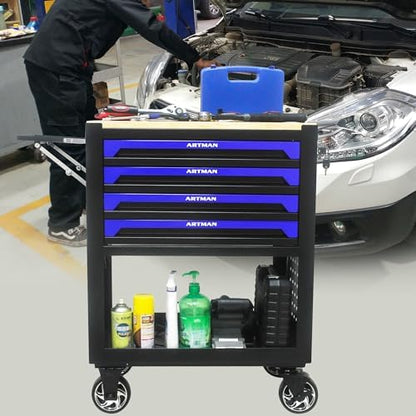 4 Drawers Rolling Tool Cart on Wheels, Wood Countertop Heavy Duty Tool Chest with Adjustable Shelf, Locking System, Rolling Tool Cabinet Trolley for Garage,Warehouses,Repair Shops (Blue) - color: Blue