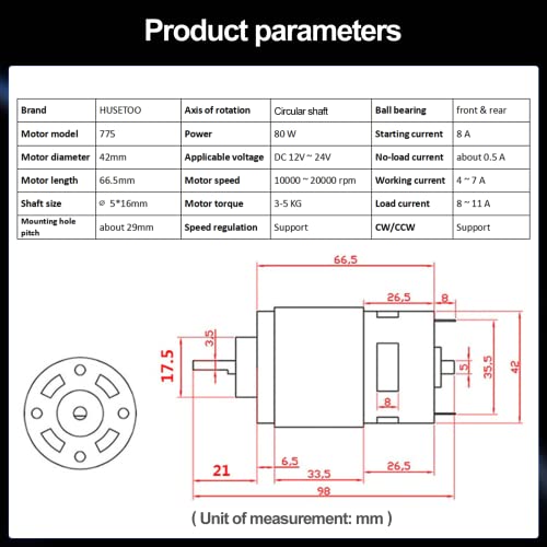 775 High Torque DC Motor, 12V/24V, 10K/20K RPM, Round Shaft, 1-Pack - style: Round Shaft Motors*1
