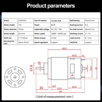 775 High Torque DC Motor, 12V/24V, 10K/20K RPM, Round Shaft, 1-Pack - style: Round Shaft Motors*1