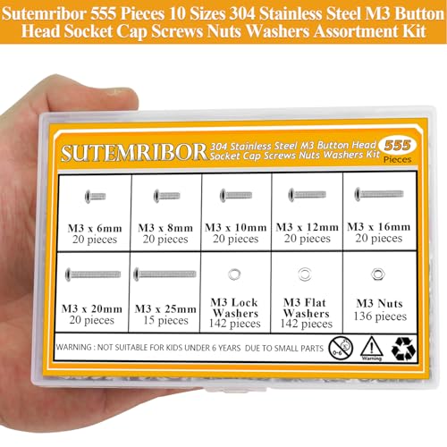 555 Pieces M3 Screws Nuts Washers Set, Sutemribor M3 x 6/8/10/12/16/20/25mm Button Head Socket Cap Screws Nuts Washers Assortment Kit, 304 Stainless Steel, Fully Threaded - size: M3 Screws Kit, style: Button Head