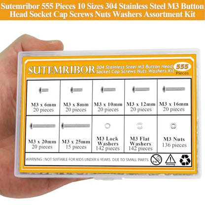 555 Pieces M3 Screws Nuts Washers Set, Sutemribor M3 x 6/8/10/12/16/20/25mm Button Head Socket Cap Screws Nuts Washers Assortment Kit, 304 Stainless Steel, Fully Threaded - size: M3 Screws Kit, style: Button Head