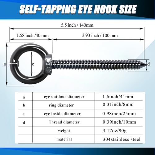 OHIYO 5.5 Inch Heavy Duty Eye Hooks M10 Self Tapping Eyelet Screw Load Capacity 750LBS Heavy Duty Screw in Eye Hooks for Hammock Stand, Swing Chair, Yoga, Heavy Indoor & Outdoor Uses (Black) - color: Black, size: 5.5 inch
