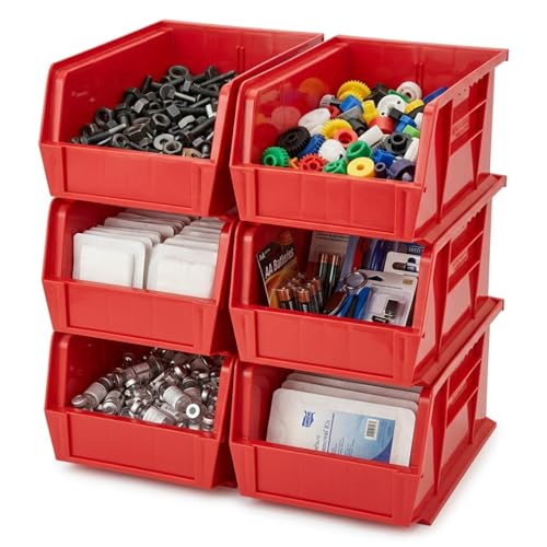 Quantum Storage QUS239 Heavy-Duty Stackable Plastic Storage Bins for Workshop, Warehouse & Garage, Ultra Stack & Hang, 10-3/4" x 8-1/4" x 7", Red, 6-Pack - color: Red