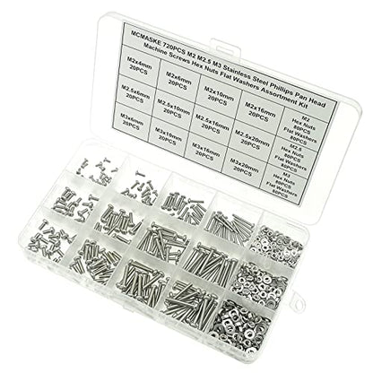 720PCS 304 SS Metric M2-M3 Pan Head Machine Screws Nuts Washers Kit - size: M2, M2.5, M3