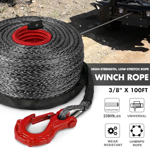 Synthetic Winch Rope, 3/8" x100ft 23809LBS Dyneema Winch Rope 3/8 Heavy Duty Winch Cable with Protective Sleeve Forged Winch Hook for 4WD Off Road Vehicle Truck SUV (Black) - color: Black, size: 3/8" x 100'