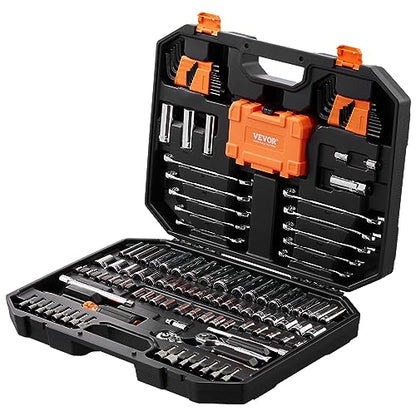 VEVOR Mechanics Tool Set and Socket Set, 1/4" and 3/8" Drive Deep and Standard Sockets, 145 Pcs SAE and Metric Mechanic Tool Kit with Bits, Combination Wrench, Hex Wrenches, Accessories, Storage Case - size: 145-PCS