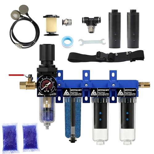 1/4" NPT 4 Stage Air Dryer System, Air Dryer for Compressor,Brass Filter & Desiccant Dryer & Air Regulator,Double Carbon Fiber Deodorizing Filter Cartridge,Semi-Auto Drain, Metal Bracket-Blue - style: 4 Stage
