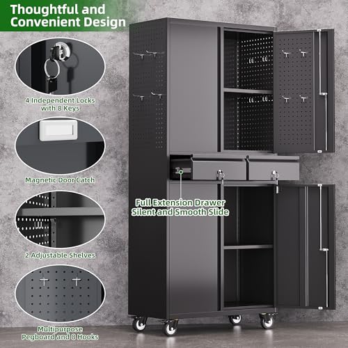 Reemoon 71-Inch Garage Storage Cabinet with 2 Drawers and Pegboards - color: Black-dark Grey, size: 15"D x 30.1"W x 71"H