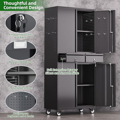 Reemoon 71-Inch Garage Storage Cabinet with 2 Drawers and Pegboards - color: Black-dark Grey, size: 15"D x 30.1"W x 71"H
