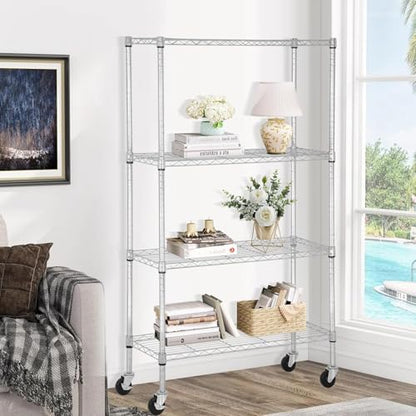 Meet perfect 4-Tier Wire Shelving Unit with Wheels, 36x14x62 in Chrome - color: Chrome, size: 4-Tier, 62"H × 36"W × 14"D
