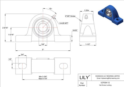 1 Pcs UCP204-12 Pillow Block Bearing, Inner Diameter is 3/4" inch Bore 2 Bolt Mounted Bearing Units, Pillow Block Bearing Set Screw Locking with Grease Fitting,Cast Iron Housing Self Aligning - size: UCP204-12 3/4"
