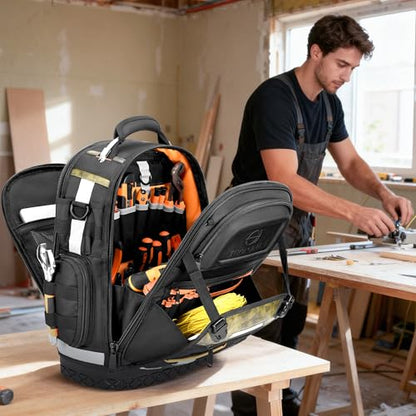 Tool Backpack Bag, Electrician Tool Bag 78-Pockets & Loops Tools Bag HVAC Tool Bags for Men, Heavy Duty Storage Construction tools Backpack (style1+4pcs) - color: Black-4PCS