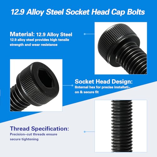 M8-1.25 x 60mm Socket Head Cap Screws, M8 Bolts, 12.9 Grade Alloy Steel, Allen Socket Drive, Black Oxide Finish, Half Thread, Quantity 10 - size: M8 x 60mm(10PCS)