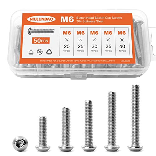 M6 x 20mm 25mm 30mm 35mm 40mm Button Head Socket Cap Screws Bolts 304 Stainless Steel Metric Allen Hex Drive, Machine Fully Threaded, Assortment Kit 50PCS - size: M6 x 20/25/30/35/40mm (50PCS)