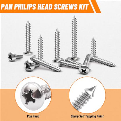 510 PSC Stainless Steel Screw Assortment Kit - #4#6#8#10#12 Phillips Pan Head, Self-Tapping for Wood & Metal - size: 510PCS Silver
