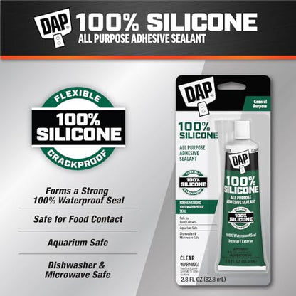 DAP All Purpose 100% Silicone Adhesive Sealant, Clear, 2.8 oz (7079800755) - size: 2.8 oz