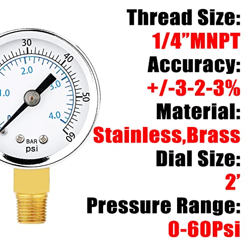 1/4" NPT Pressure Gauge 60Psi Steel Economical All Purpose with Brass Internals 2" Dial Display Bottom Mount - size: 0-60Psi (dry), style: Lower Mount-1/4"NPT